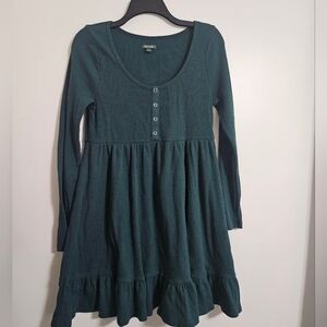 Dark Green Long Sleeve Ruffled Dress Coquette Fairie A-Line Cotton Blend Sz L